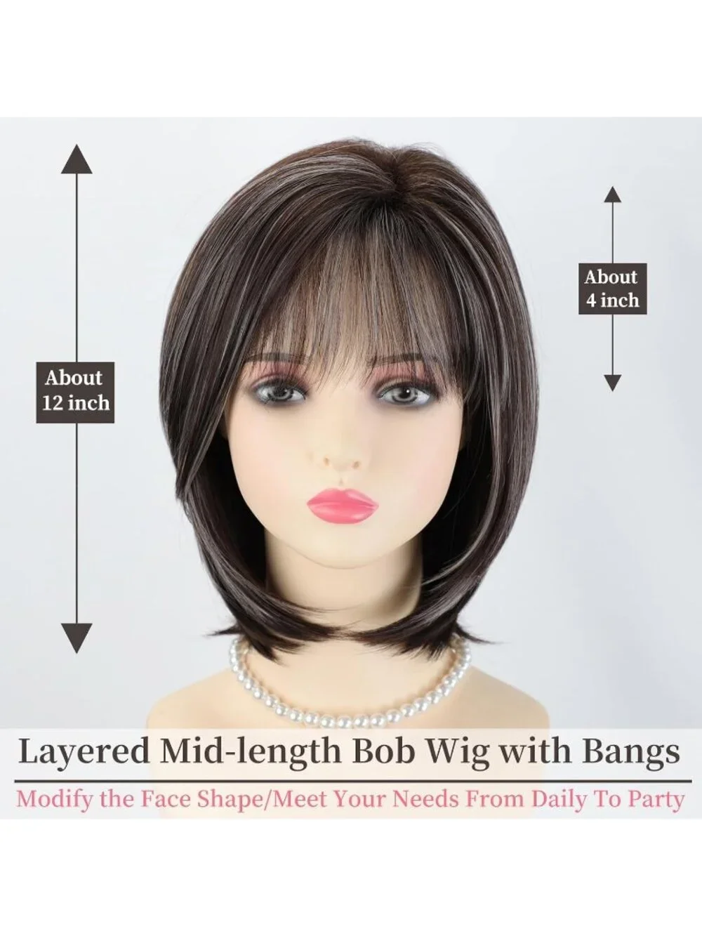 Women's Brown Silver 12 Inch Mid Length Heat Synthetic Straight Layered Bob Wigs